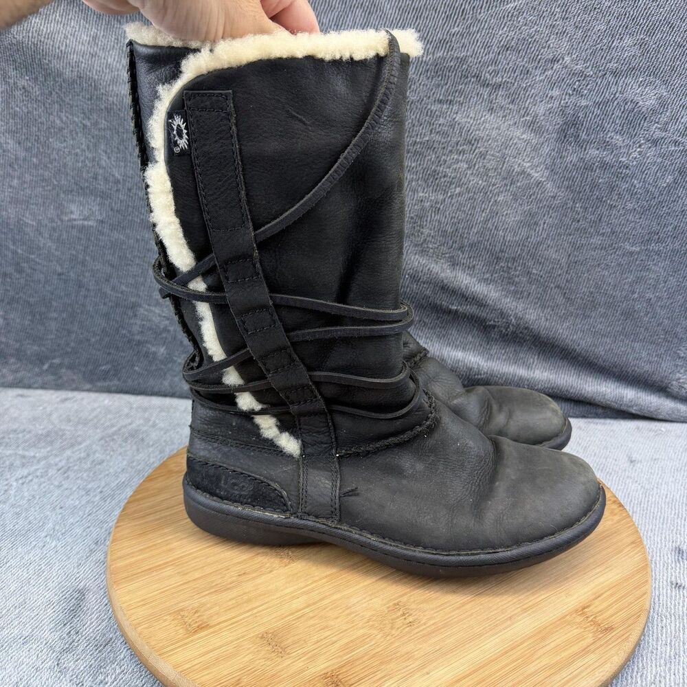 UGG Boots Womens Size 8 Black Leather Shearling Mid Calf Fur Trim Winter 1562